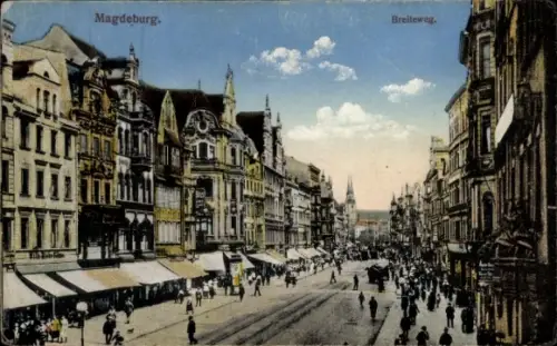 Ak Magdeburg an der Elbe,  Breiteweg, Straßenansicht, Menschen, Geschäfte