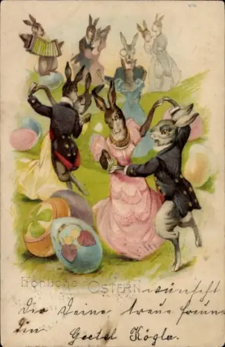 Litho Glückwunsch Ostern, Tanzende Osterhasen