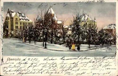 Judaika Ak Chemnitz Sachsen, Stephansplatz, Synagoge, Winteransicht