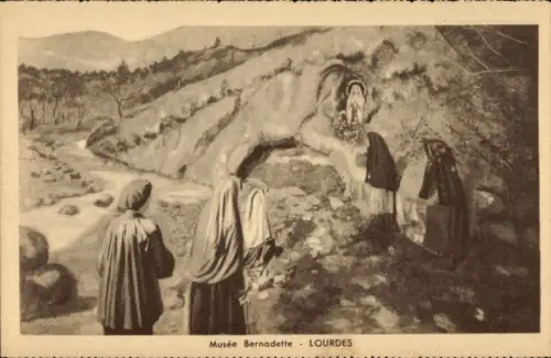 Ak Lourdes Hautes Pyrénées, Musée Bernadette,  Erscheinung, Bernadette, Heilige Jungfrau