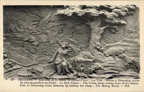 Ak Orléans Loiret, Bas-relief von Jeanne d'Arc, sie hört Stimmen, Schafe hüten, Wald