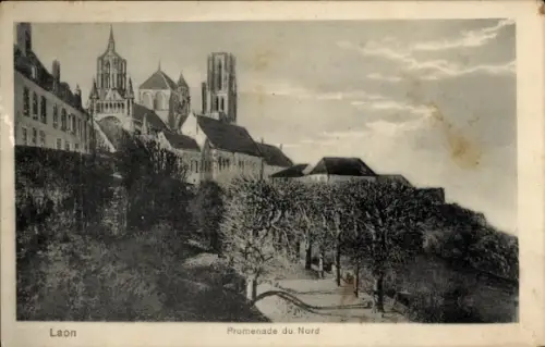 Ak Laon Aisne, Zeichnung von  Promenade du Nord, Bäume, Gebäude