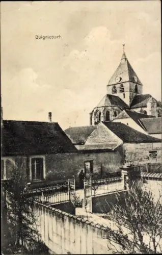 Ak Guignicourt Aisne,  Kirche, Häuser, Garten, Zaun