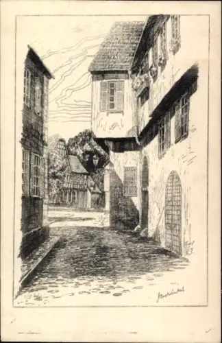 Ak Aschaffenburg in Unterfranken, Zeichnung einer Gasse, Häuser, Bäume, keine Personen