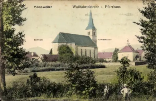 Ak Monswiller Monsweiler Bas Rhin, Wallfahrtskirche und Pfarrhaus, Greifenstein, Hohbarr