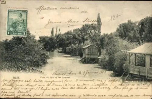Ak Tigre Argentinien, Flussansicht, Bootshaus, Text in Französisch,  aus Argentinien