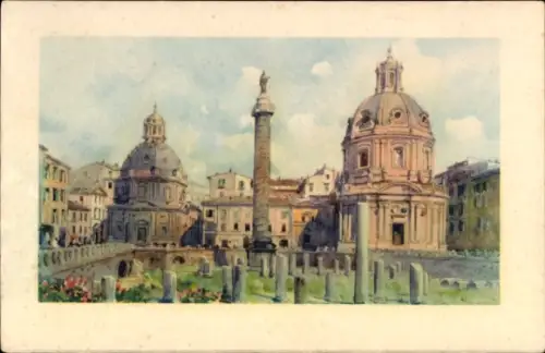 Ak Roma Rom Lazio, Wasserfarbenbild, Trajanssäule, Kuppeln, antike Ruinen