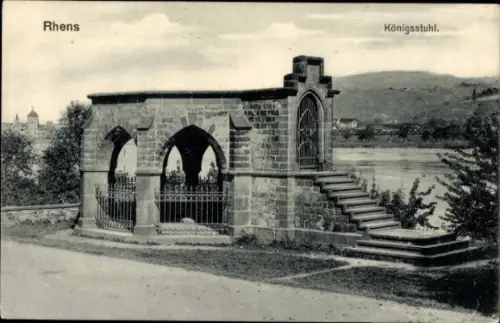 Ak Rhens am Rhein, Königsstuhl,   Stätte, Treppe, Gitter, Fluss