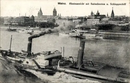 Ak Mainz am Rhein,  Rheinansicht, Salonboote, Schleppschiff