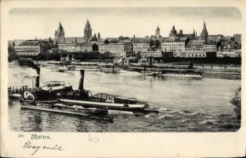 Ak Mainz am Rhein,  Flussansicht, Dampfschiffe, Stadtansicht