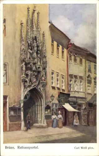 Ak Brno Brünn Südmähren, Rathausportal,   Architektur, Figuren, Stadtansicht