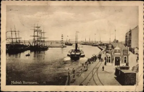 Ak Malmö Schweden, Hafenansicht, Schiffe, Leuchtturm, Malmö