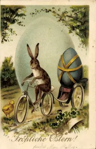 Ak Glückwunsch Ostern, Osterhase auf einem Fahrrad, Ostereier, Küken, Kleeblätter