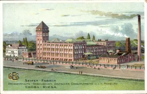 Litho Gröba Riesa an der Elbe Sachsen, Seifen Fabrik, Schornstein, Fertigungshalle