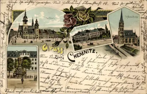 Litho Chemnitz Sachsen, Marktplatz, Nikolaikirche, Gymnasium, Brunnen