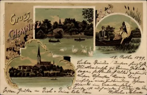 Litho Chemnitz in Sachsen, Kirche, Liebespaar im Ruderboot