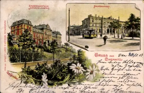 Künstler Ak Spindler, Erwin, Chemnitz Sachsen, Zimmermann'sche Naturheilanstalt, Hauptbahnhof
