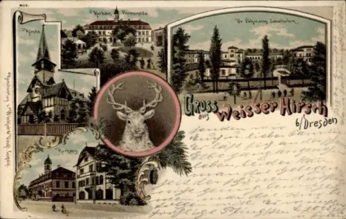 Litho Dresden Weißer Hirsch, Kurhaus Promenade, Kirche, Dr. Lahmanns Sanatorium