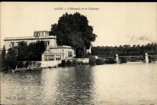 Ak Agde Hérault,  L'Hérault, Château, Wasser, Bäume, Eisenbahn