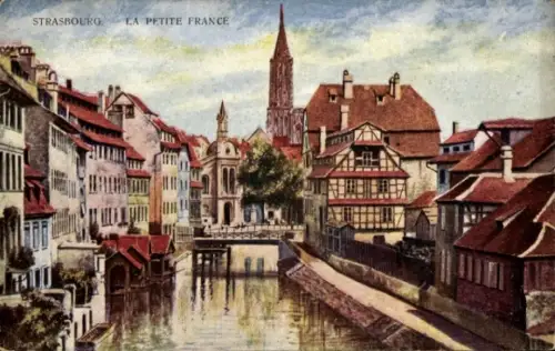 Ak Strasbourg Straßburg Elsass Bas Rhin,  La Petite France, Kanal, Fachwerkhäuser, Kirche