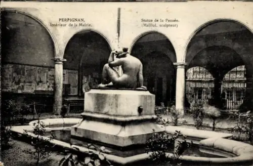 Ak Perpignan Pyrénées Orientales, Statue de la Pensée, Innenansicht der Mairie,  Maillol, Skulptu