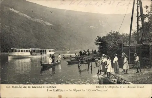 Ak Laifour Ardennes, Flusslandschaft, Boote, Menschen am Ufer, Dampfer,  Givet-Touriste