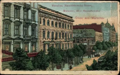 Ak Warszawa Warschau Polen,  Marschalkowska Strasse, farbige , Bäume, Straßenansicht
