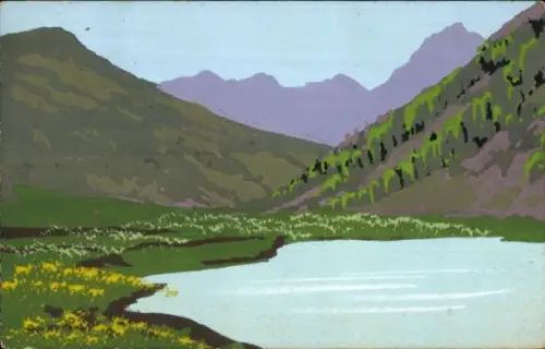 Handgemalt Ak Landschaft, See