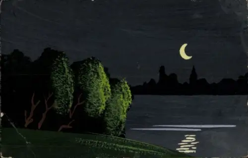 Handgemalt Ak See bei Nacht, Mondsichel