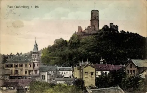 Ak Bad Godesberg Bonn am Rhein,  Ruine auf dem Hügel, Stadtansicht, farbig