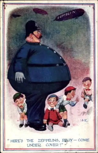 Künstler Ak Zeppelin über England, Jungen verstecken sich unter dickem Bauch eines Polizisten