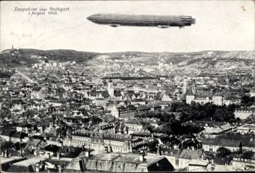 Ak Stuttgart am Neckar, Zeppelin, Luftschiff über der Stadt 1908