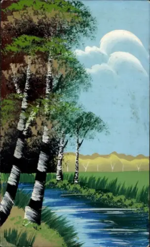 Handgemalt Ak Birken am Ufer eines Flusses