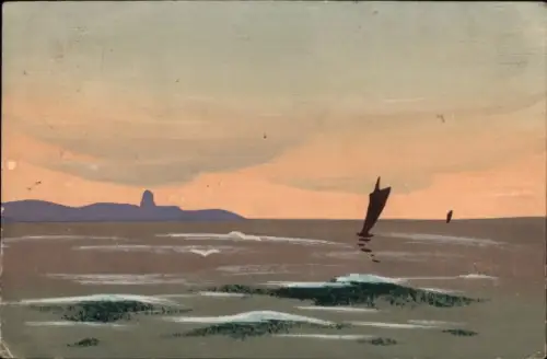 Handgemalt Ak Segelboot auf dem Meer, Küste am Horizont