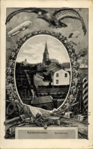 Passepartout Ak Kaldenkirchen, Schulstraße, Zeppelin, Adler, Flaggen, Kriegsschiff, Patriotik 1. WK