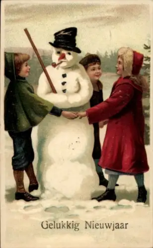 Präge Ak Fröhliches Neujahr, Kinder mit einem Schneemann