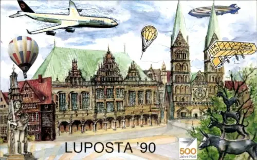 Ak 70 Jahre Liniendienst, Luposta 90, Zeppelin, Flugzeuge, Ballon, Bremen
