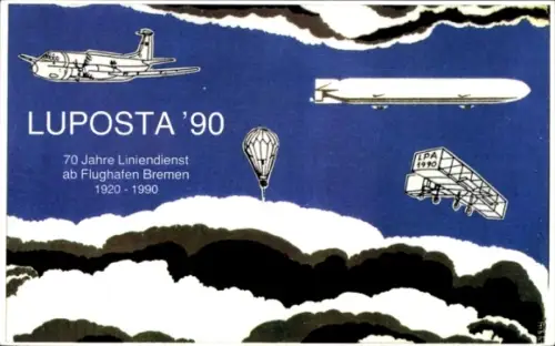 Ak 70 Jahre Liniendienst, Luposta 90, Zeppelin, Flugzeuge, Ballon