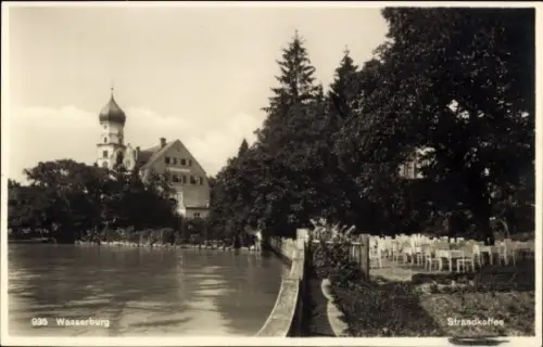 Ak Wasserburg am Inn Oberbayern,  Strandkaffee, Flussufer, Bäume, Gebäude