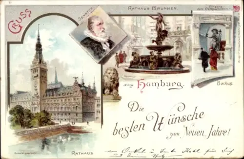 Litho Hamburg Mitte Altstadt, Rathaus, Brunnen, Bacchus, Ratsweinkeller, Senator