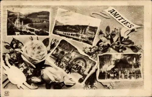 Passepartout Ak Lourdes Hautes Pyrénées, Gebäude, Rosen, Detailansichten