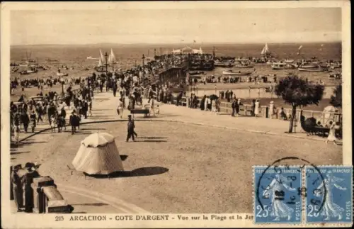Ak Arcachon Gironde, Vue sur la Plage et la Jetee