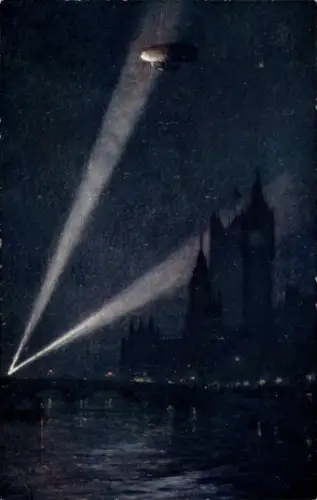 Künstler Ak Zeppelin über London, Scheinwerfer, 1. WK
