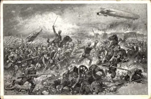 Künstler Ak Mit Zeppelin kühn voran, Schlachtszene, I. WK