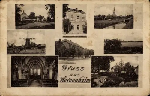 Ak Kervenheim Kevelaer am Niederrhein, Gesamtansicht, Kirche, Windmühle