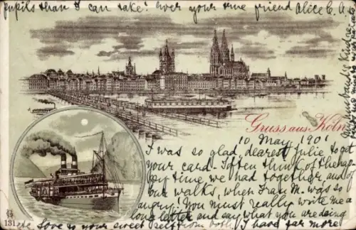 Litho Köln am Rhein, Rheinansicht, Dampfer