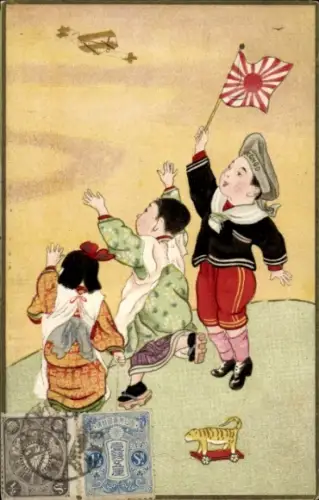 Künstler Ak Japan, Kinder winken einem Flugzeug, Junge in Matrosenuniform mit Flagge