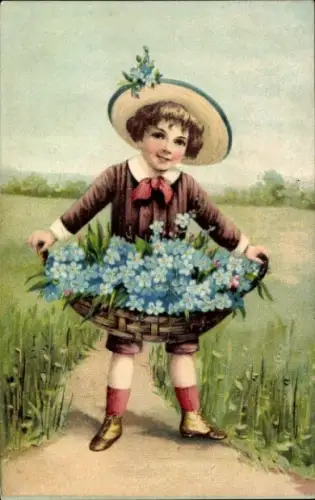Präge Ak Kind mit Blumenkorb