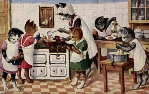 Künstler Ak Vermenschlichte Katzen, Küche