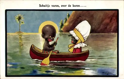 Künstler Ak Lewin, Kinder im Ruderboot, Sonnenuntergang